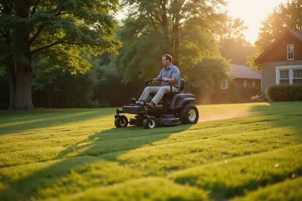 Crew member mowing a residential lawn in Southington, CT