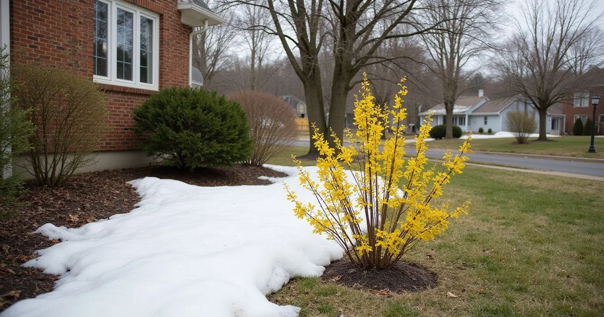 Early spring Southington suburban property emerging from winter, with melting snow on lawn edges