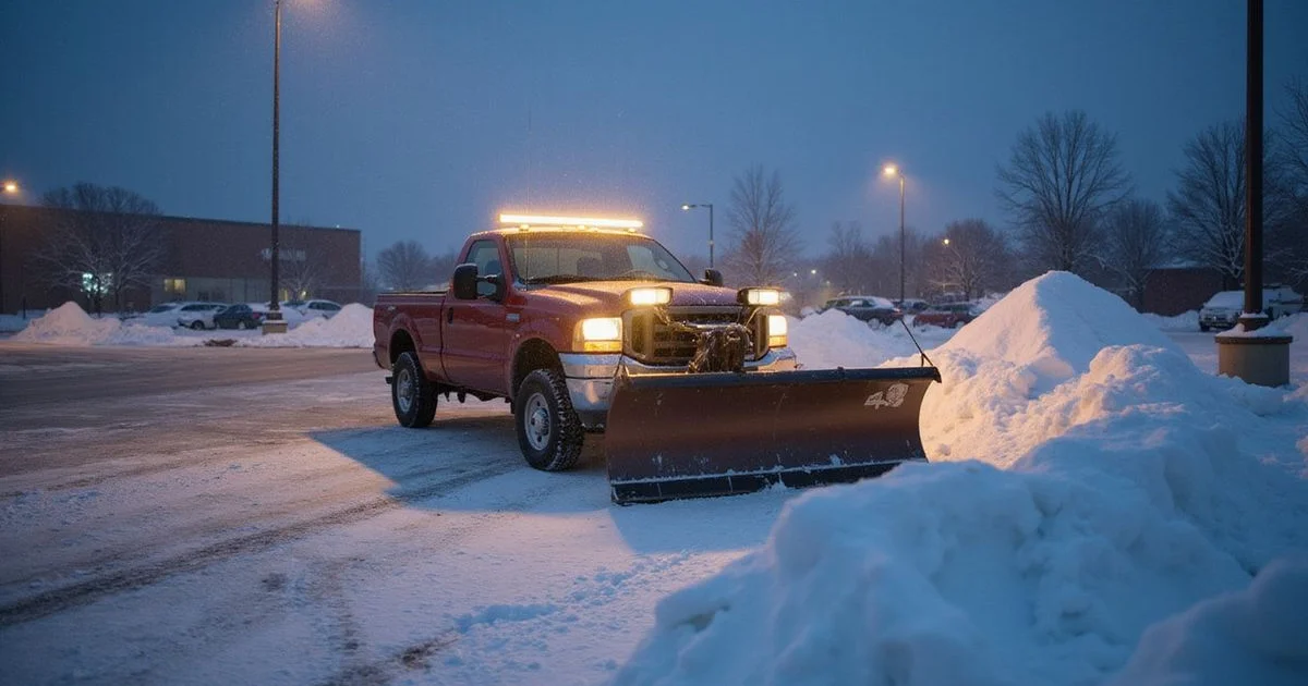 Snow plow clearing a commercial parking lot in Southington early morning
