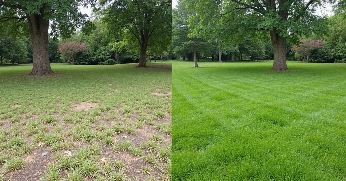 Side-by-side comparison of a patchy DIY lawn vs a professionally maintained Southington lawn